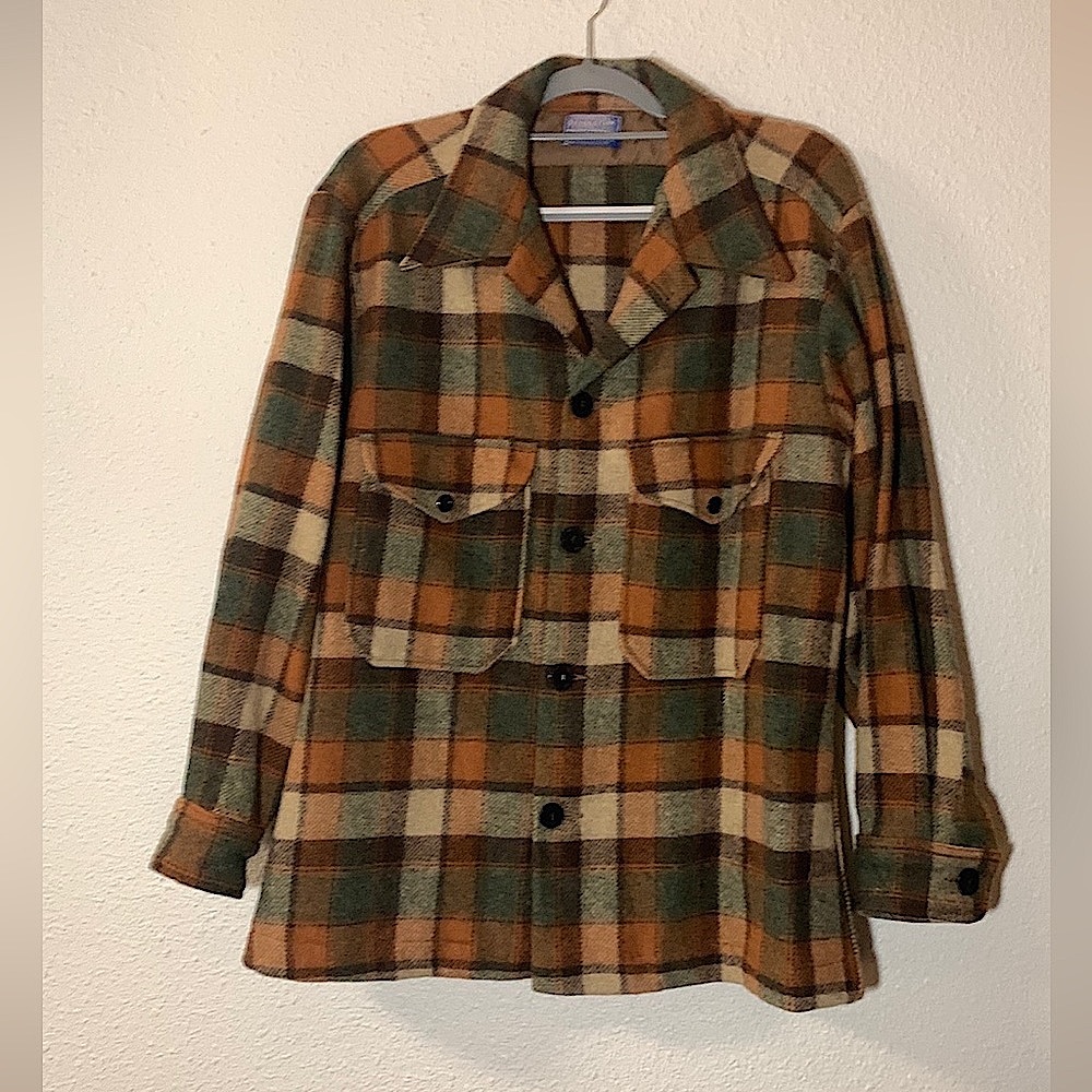 VTG 70’s Pendleton Woolen Mills OR Virgin Wool Xl Plaid Shacket Coat Warm Tones